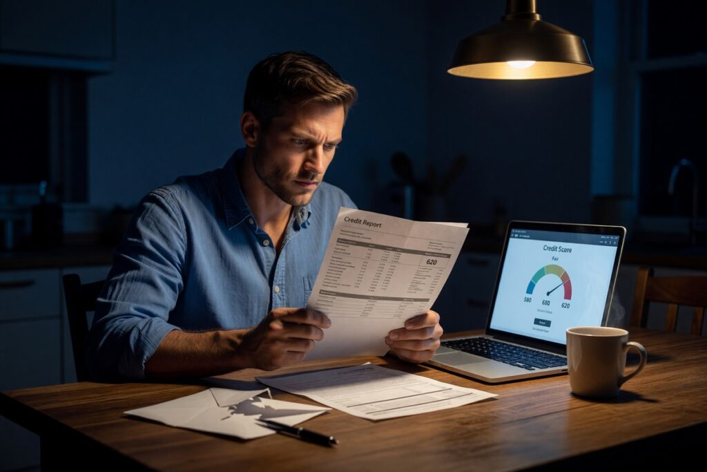 Person reviewing bills and credit report showing 580 credit score cost over time