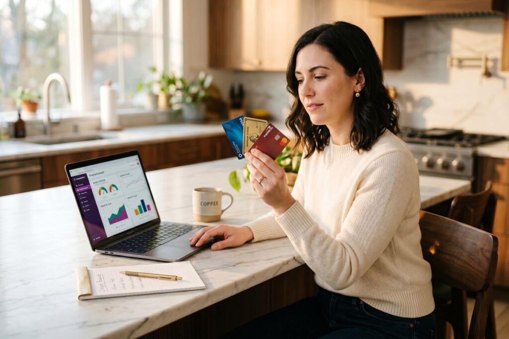 Person comparing multiple credit cards while reviewing credit score on laptop