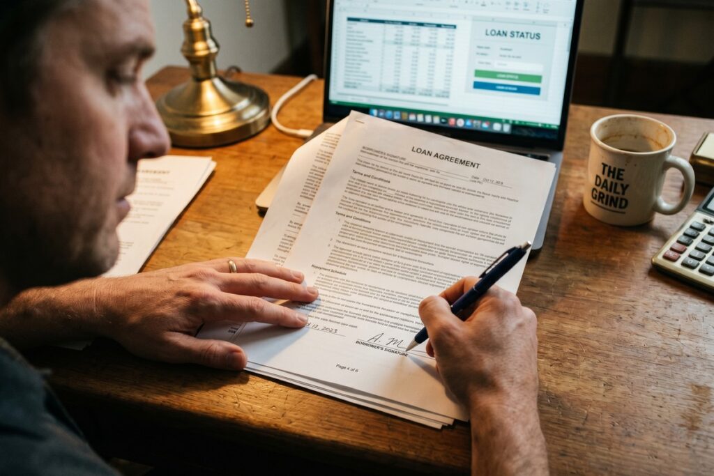 Borrower reviewing APR disclosure laws and loan agreement documents before signing