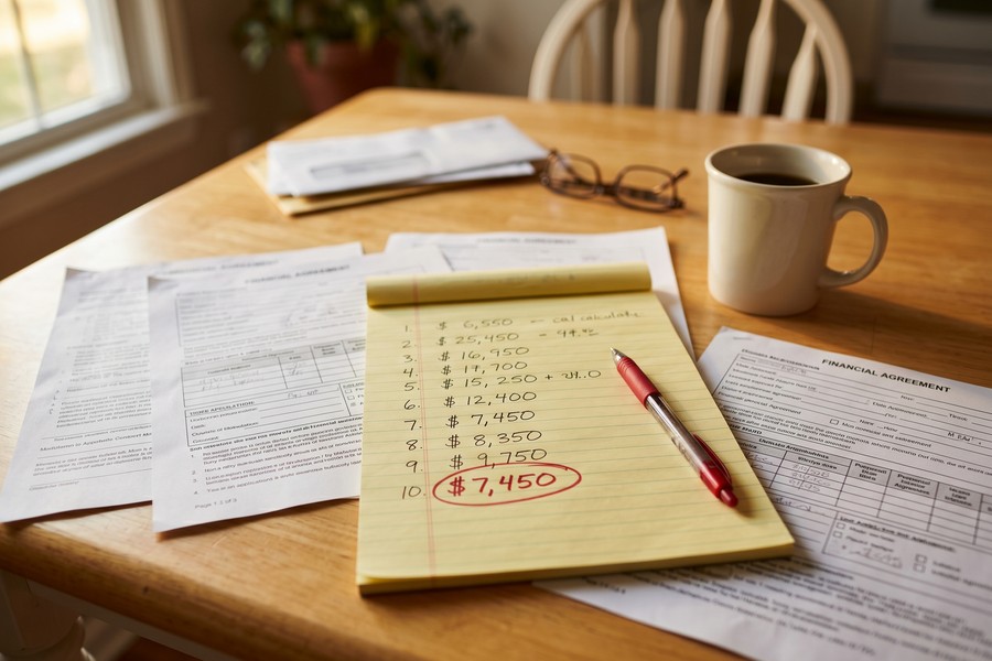 Borrower reviewing three loan offers side-by-side on a laptop, comparing total repayment amounts