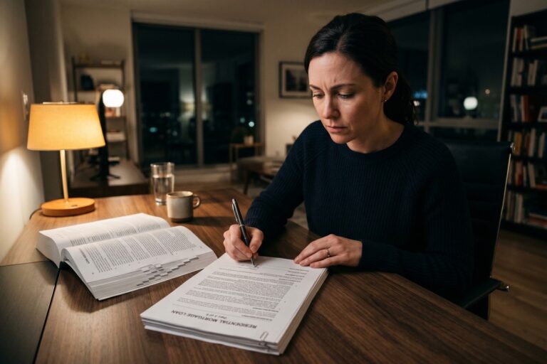 Borrower reading arbitration clause in a loan agreement contract