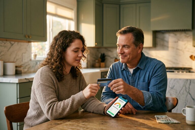 Young adult reviewing credit score after being added as authorized user on parent's credit card