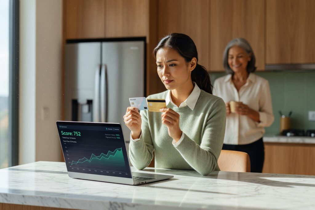 Authorized user and primary cardholder comparing credit card roles to build credit score
