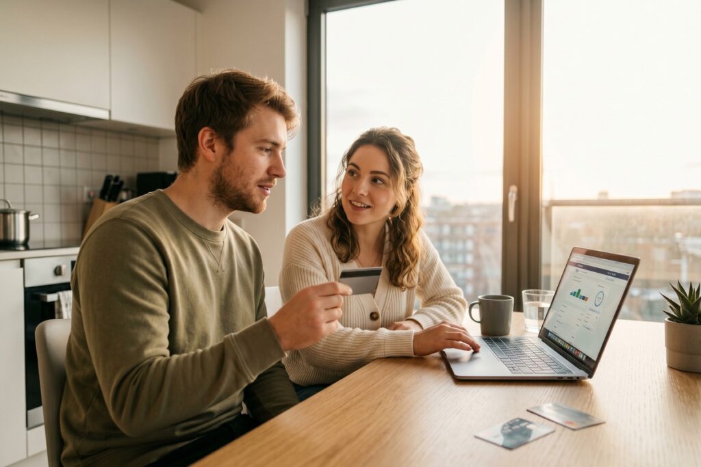 Two people reviewing a credit card statement together, representing an authorized user and primary cardholder arrangement