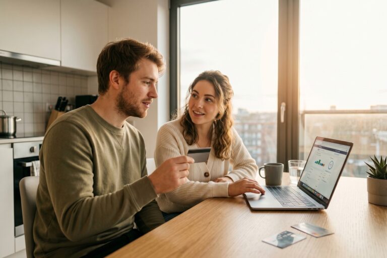 Two people reviewing a credit card statement together, representing an authorized user and primary cardholder arrangement