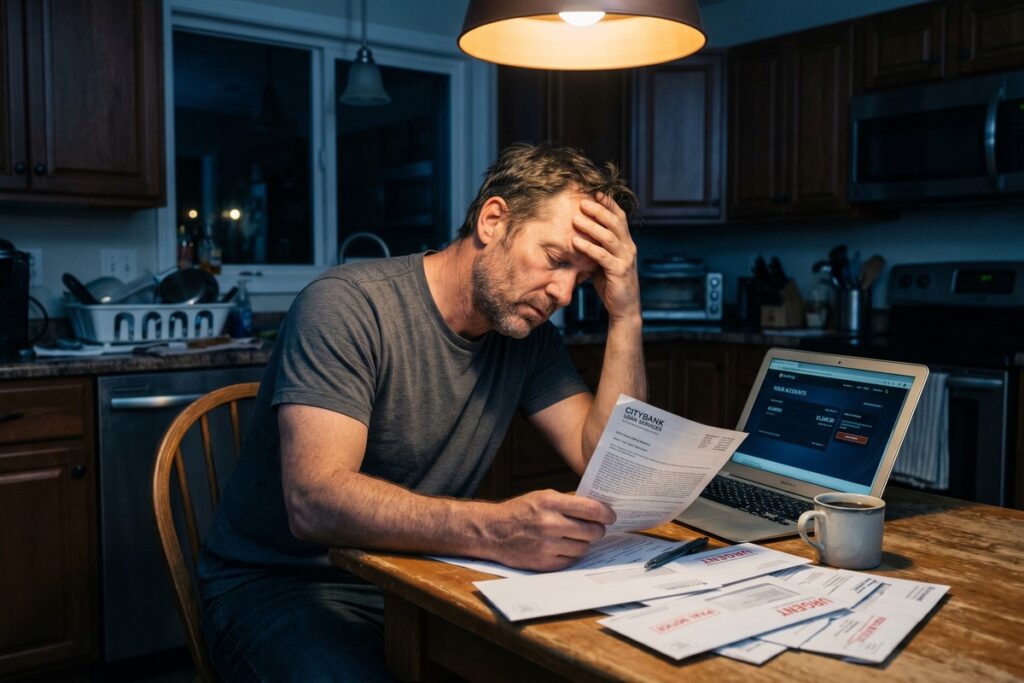 Borrower reviewing loan contract with hidden auto-renewal clause highlighted