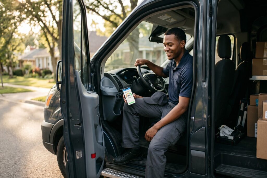 Delivery driver checking credit score on phone after paying off collections