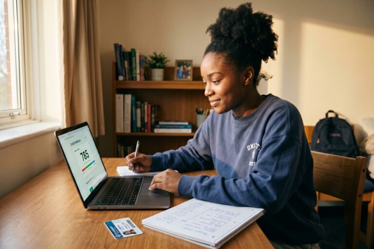 Young college student reviewing credit score on laptop with student loan documents on desk