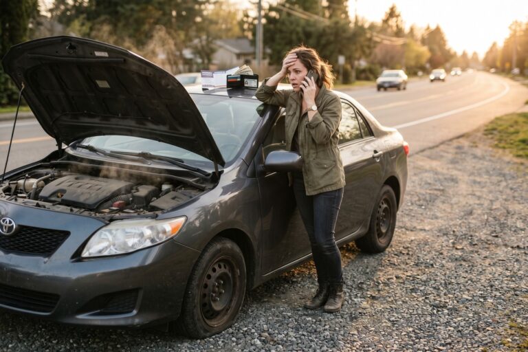 Stressed driver standing beside broken down car on roadside reviewing financial recovery options on smartphone
