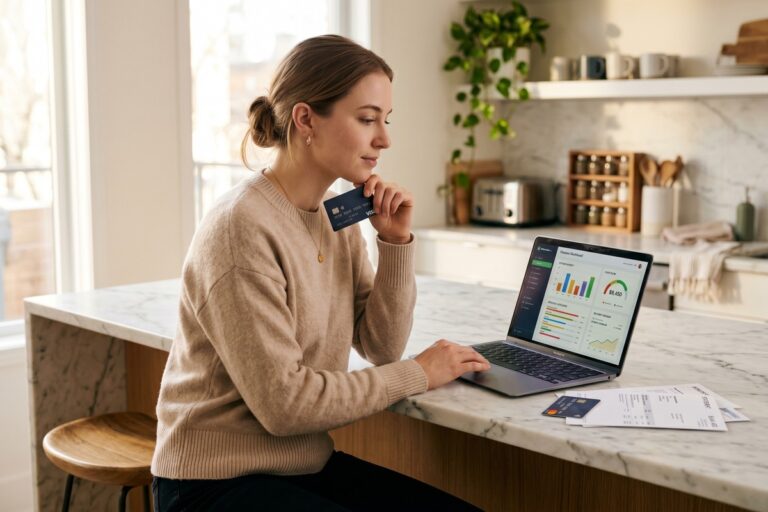 Person reviewing a credit card statement at a desk, deciding whether to pay the full balance or carry a portion to the next month