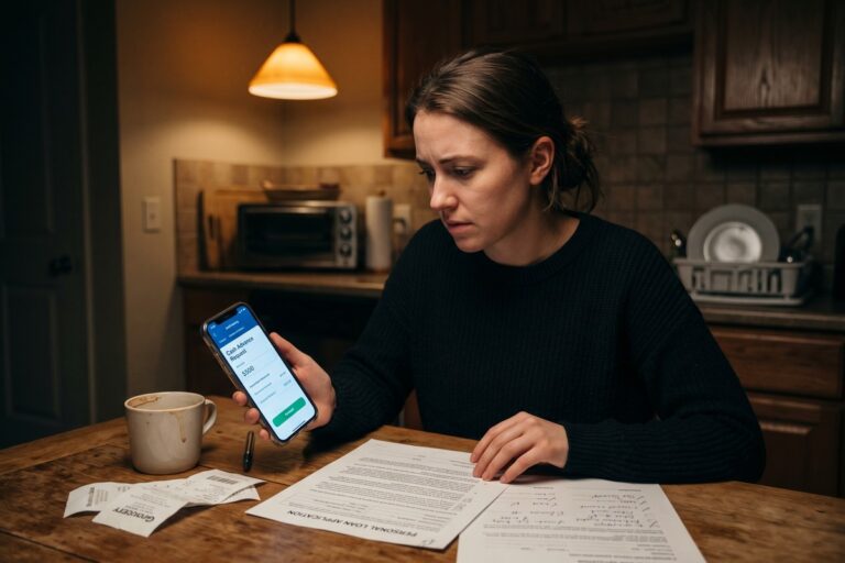 Person comparing cash advance app and personal loan options on a smartphone during a financial emergency