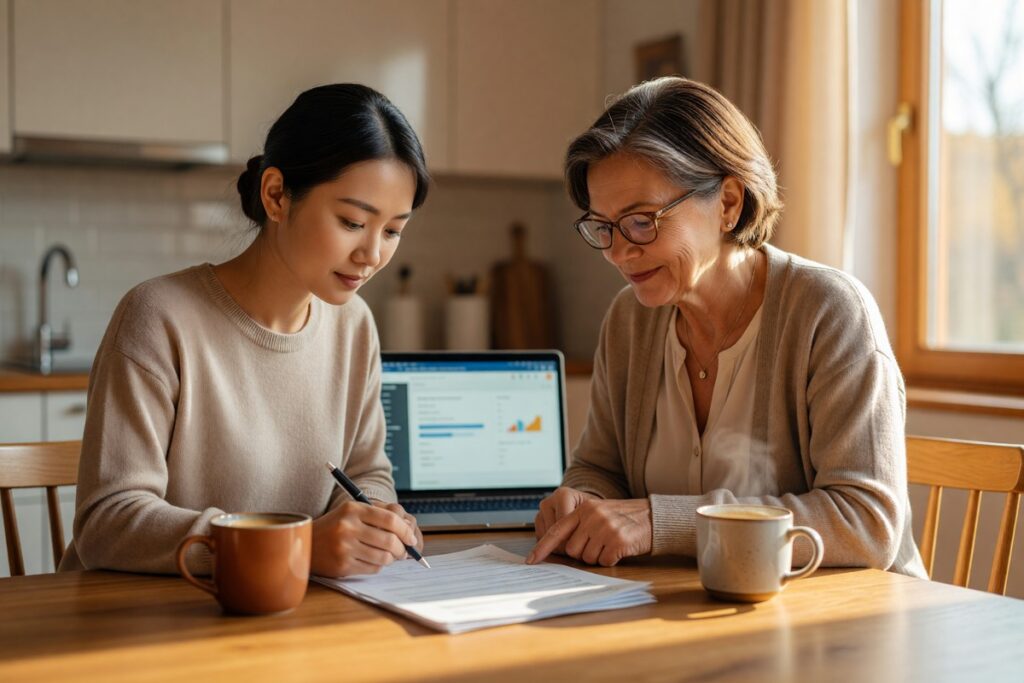 Person reviewing co-signer agreement to build credit score with financial documents on desk