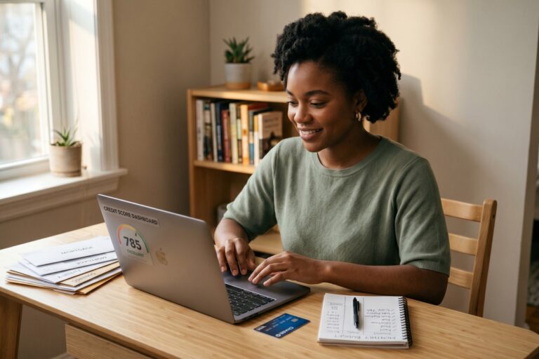 College graduate reviewing credit score on laptop while managing budget on a low salary