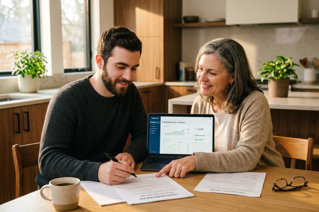 Borrower and cosigner reviewing short-term loan terms together at a desk