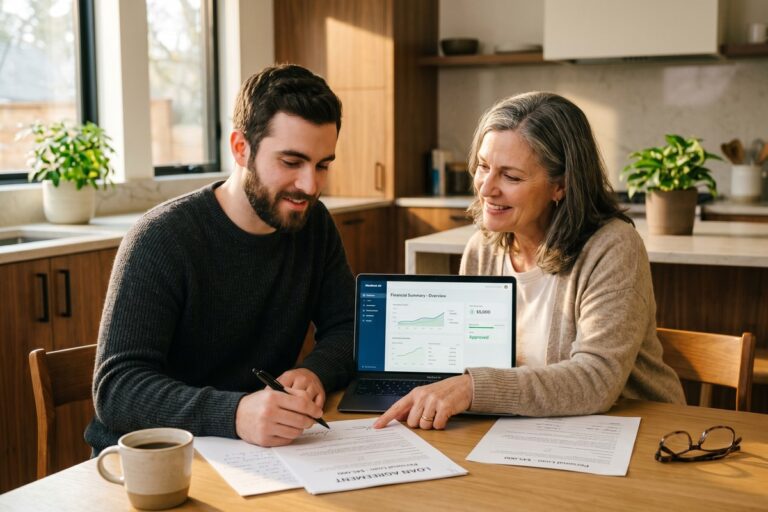 Borrower and cosigner reviewing short-term loan terms together at a desk
