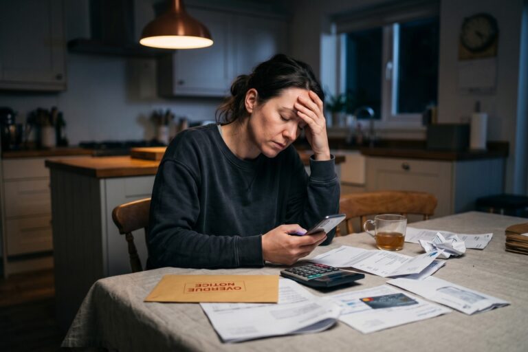 Person sitting at a kitchen table staring at an overdue bill, surrounded by financial documents and a calculator