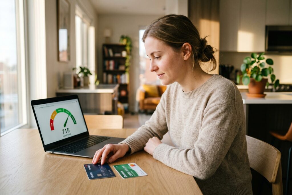 Side-by-side comparison of a credit builder loan and a secured credit card on a desk with a credit score gauge