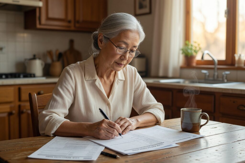 Senior reviewing credit builder loan options on a fixed income at home