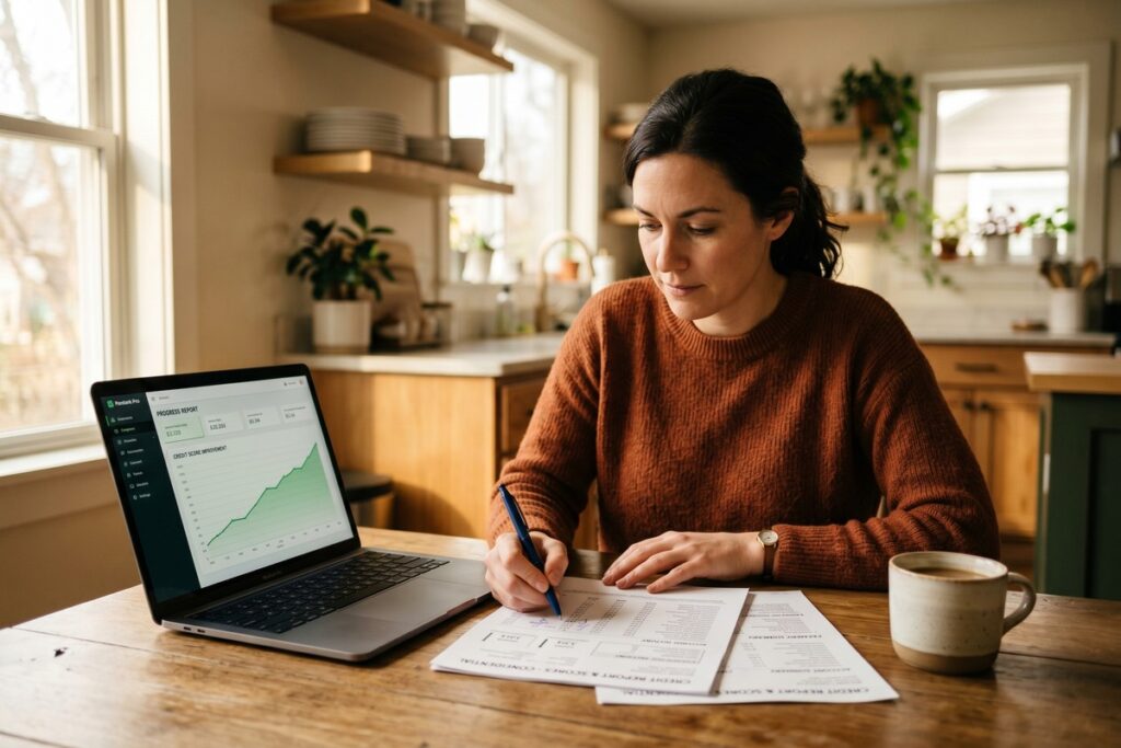Person reviewing credit score timeline on laptop after bankruptcy discharge