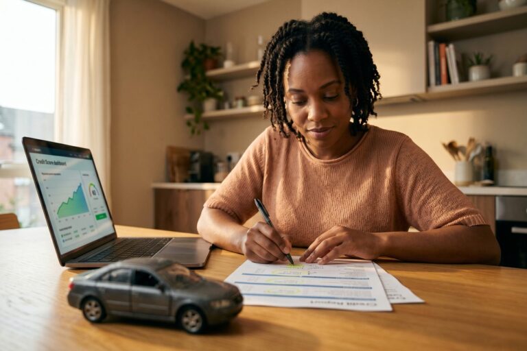Person reviewing credit report documents at a desk after a vehicle repossession, planning financial recovery steps