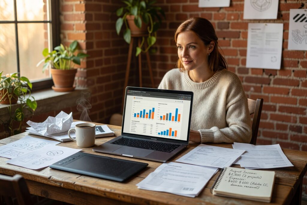 Freelancer reviewing credit building strategies on laptop with financial documents and credit score chart