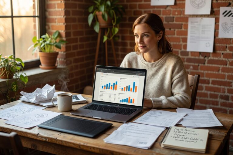 Freelancer reviewing credit building strategies on laptop with financial documents and credit score chart