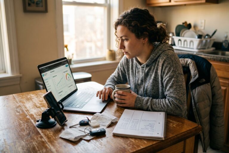 Gig worker using a smartphone to track credit building progress with inconsistent pay