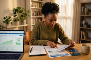 Person reviewing credit report after paying off a collection account to avoid credit building mistakes