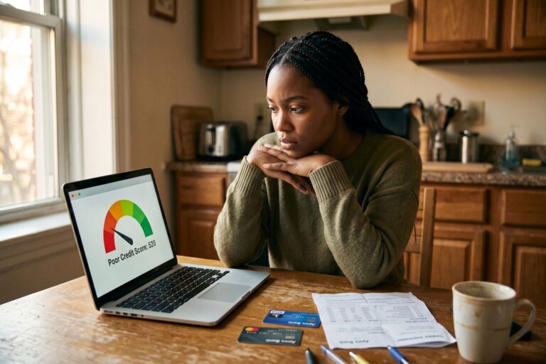 Person reviewing a credit report showing a FICO score below 580 with a concerned expression