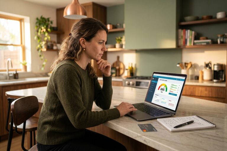 Person reviewing credit report highlighting common credit building mistakes