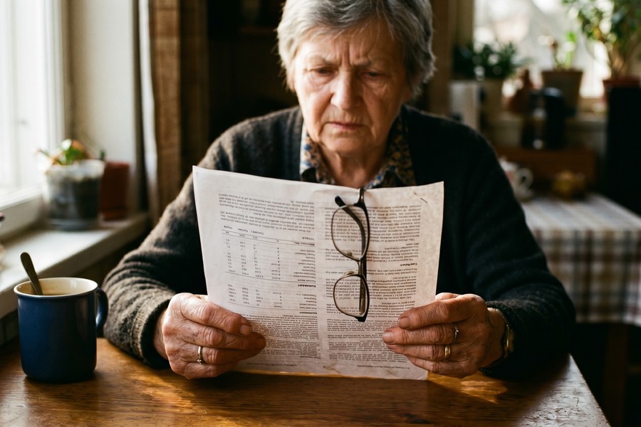 Older adult reviewing credit report documents on a laptop at a desk