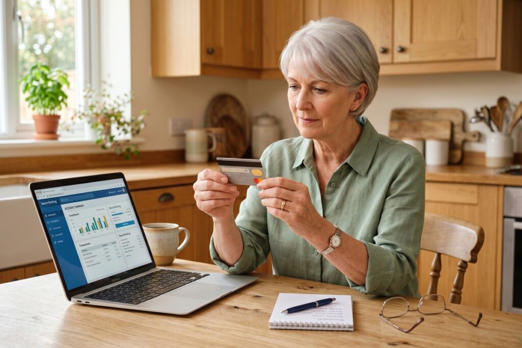 Retired couple reviewing credit card options at a kitchen table to establish a scorable credit file