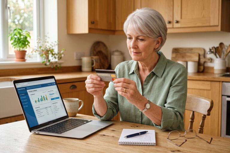 Retired couple reviewing credit card options at a kitchen table to establish a scorable credit file