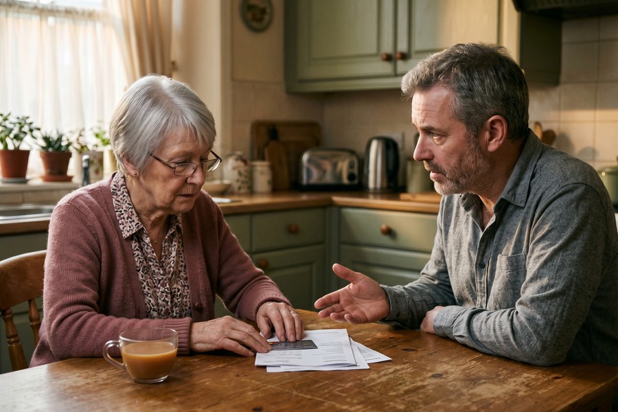 Adult child and retired parent reviewing credit card statement together at a desk