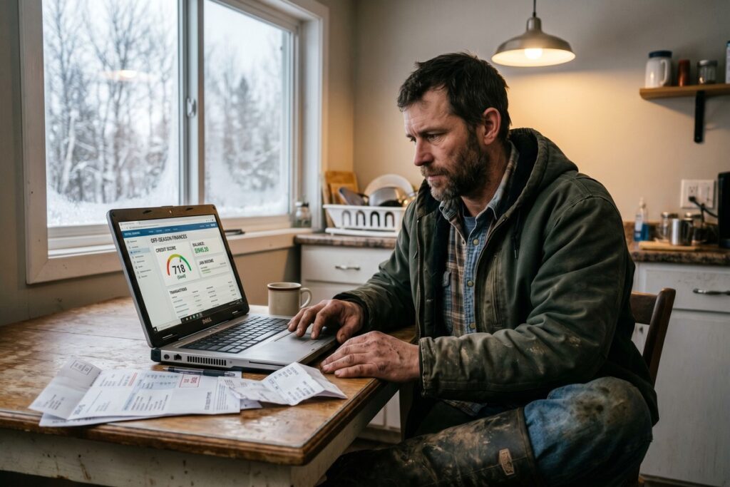A seasonal construction worker reviewing a credit report and financial documents during the off-season