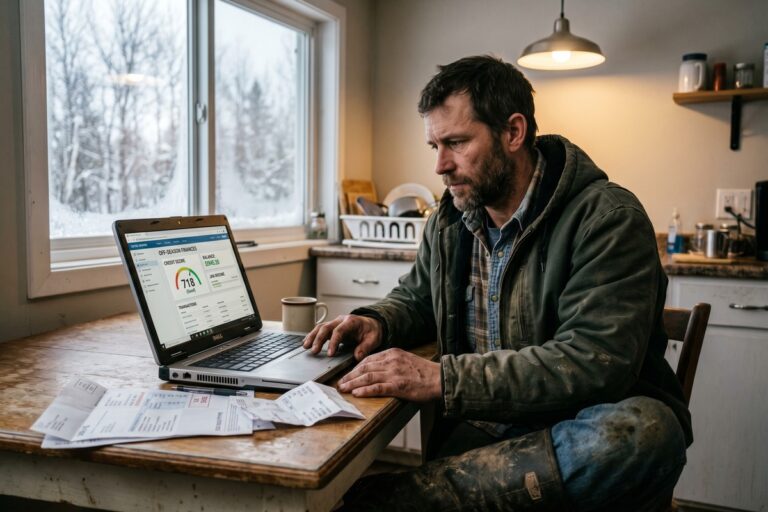 A seasonal construction worker reviewing a credit report and financial documents during the off-season