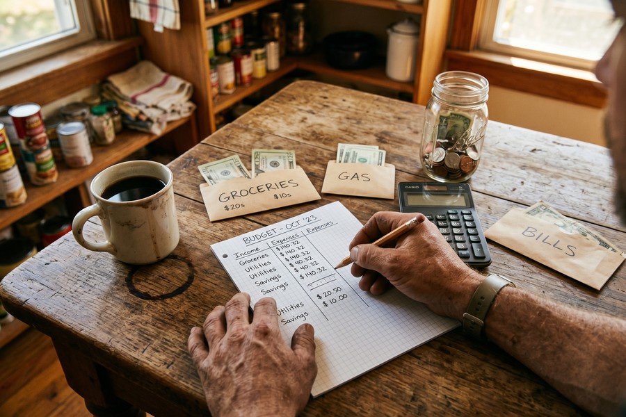 Seasonal worker reviewing a 12-month budget spreadsheet during peak earning season