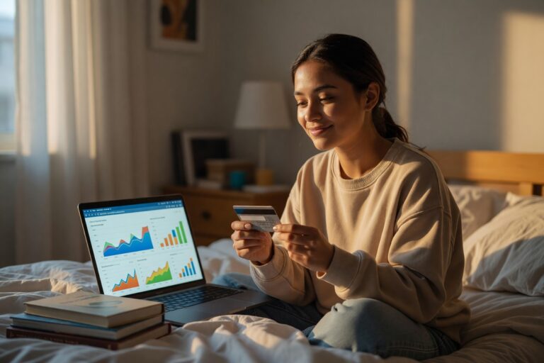 College student reviewing credit building strategies on a laptop with financial documents