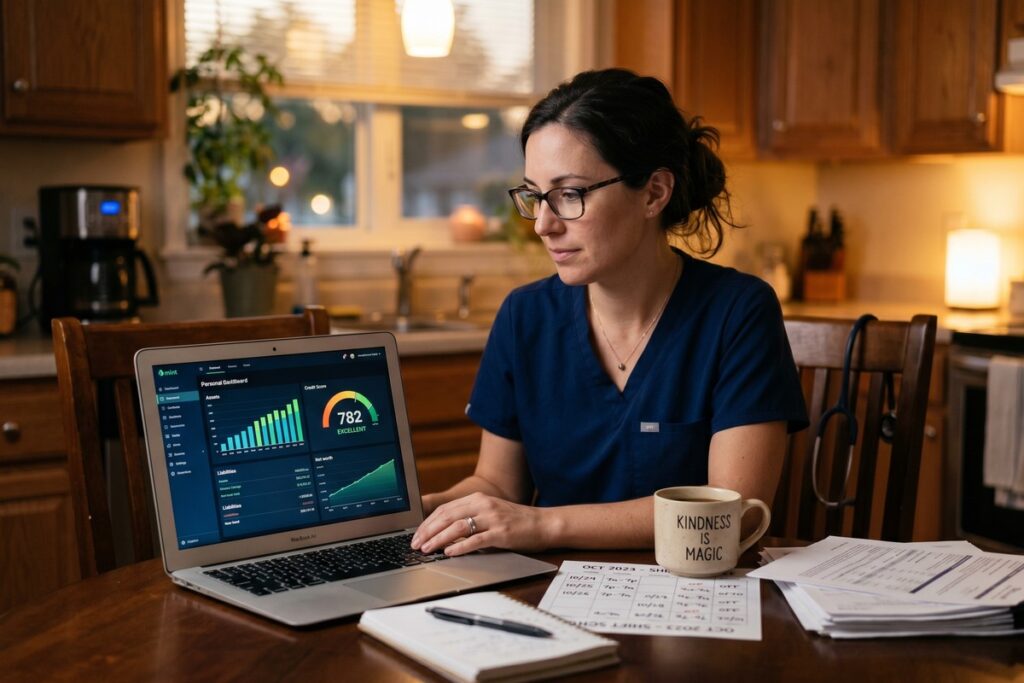 Nurse reviewing credit building strategies on a tablet during a shift break
