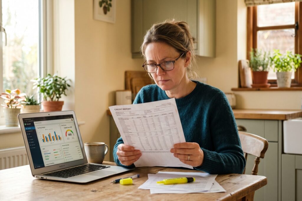 Consumer reviewing a credit report document with Equifax, Experian, and TransUnion logos visible on a desk