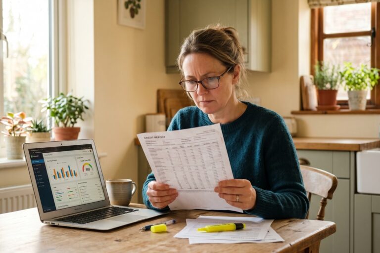 Consumer reviewing a credit report document with Equifax, Experian, and TransUnion logos visible on a desk