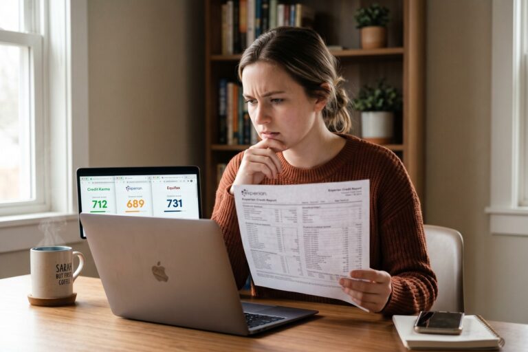 Side-by-side comparison of Experian Equifax and TransUnion credit bureau score differences on a screen