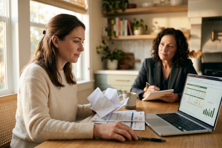 Person comparing credit counseling agency options with self-directed debt repayment paperwork on a desk