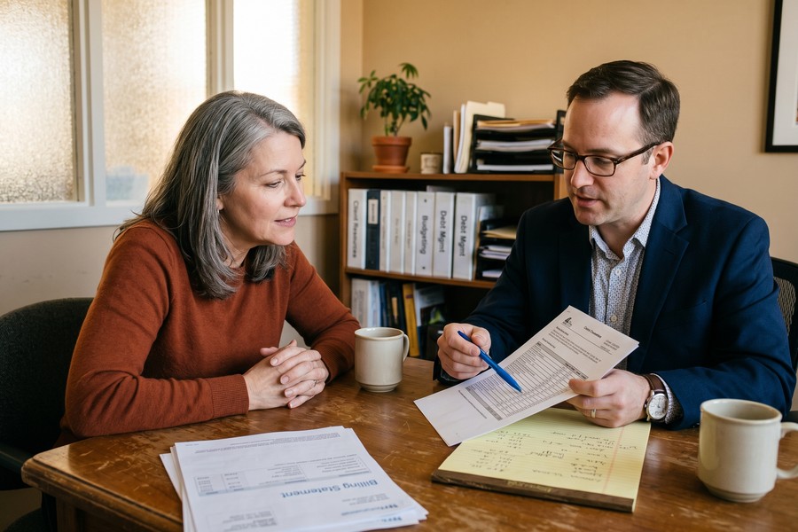 A person reviewing credit card statements and a debt repayment plan worksheet at a desk