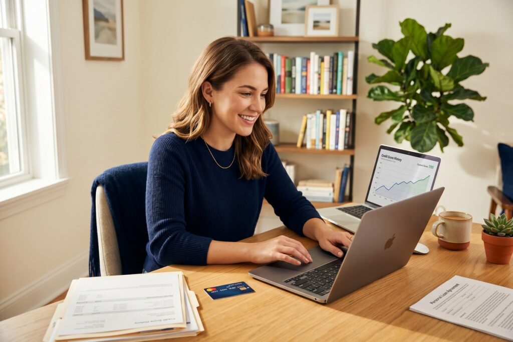 Person reviewing a credit score report showing a borderline score approaching 700 on a laptop screen