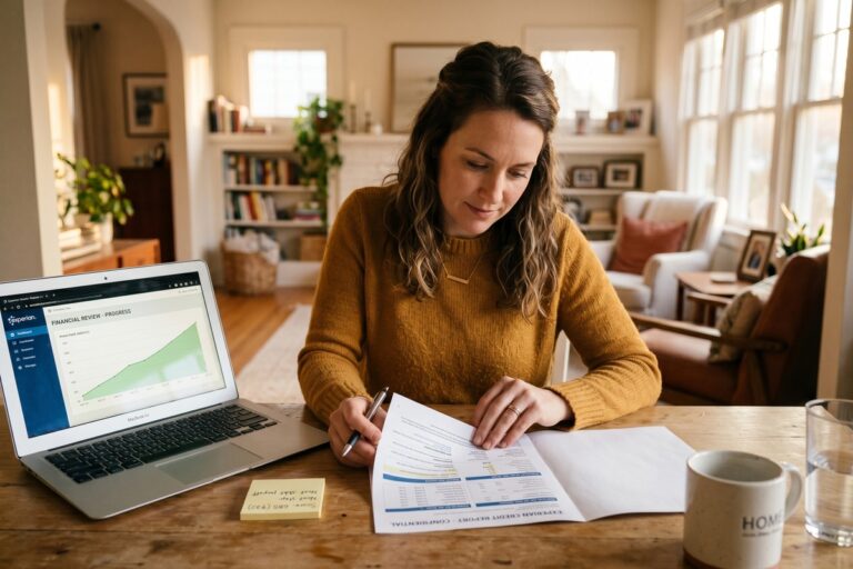 Homeowner reviewing credit score recovery timeline after foreclosure on laptop