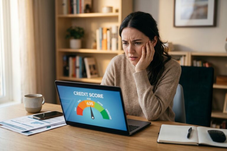 Person reviewing credit score report surrounded by common credit score myths and misconceptions in 2026