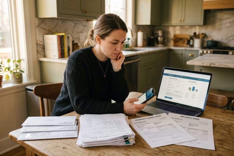 Person comparing credit union emergency loan and bank personal loan options on a laptop for fast cash payout