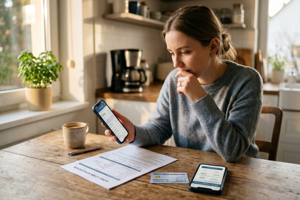 Person comparing credit union short-term loan options with online lenders on a laptop