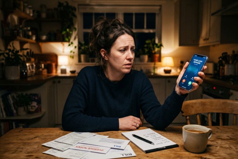 Stressed person receiving harassing debt collector phone calls at home